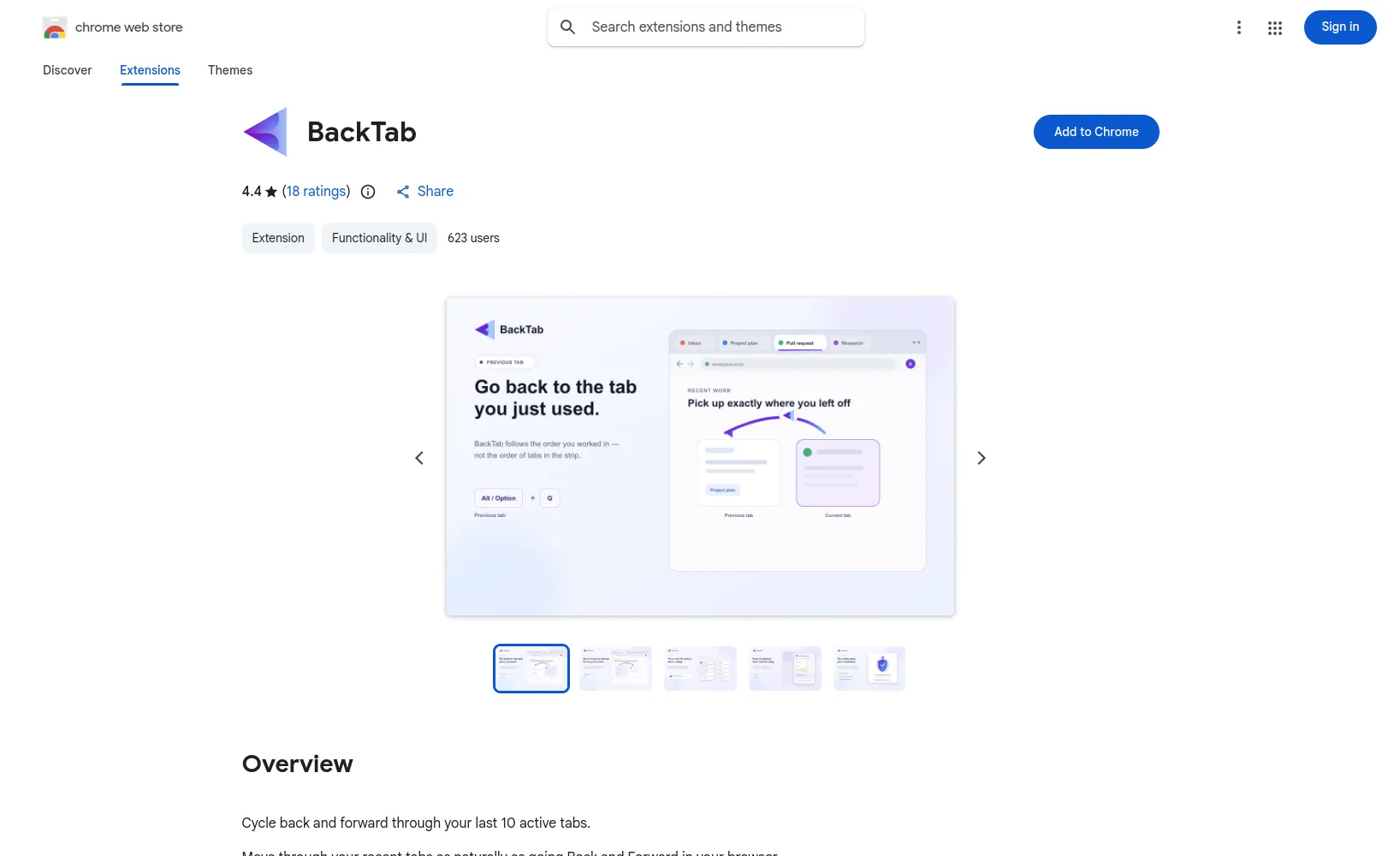BackTab browser extension listing recent tabs