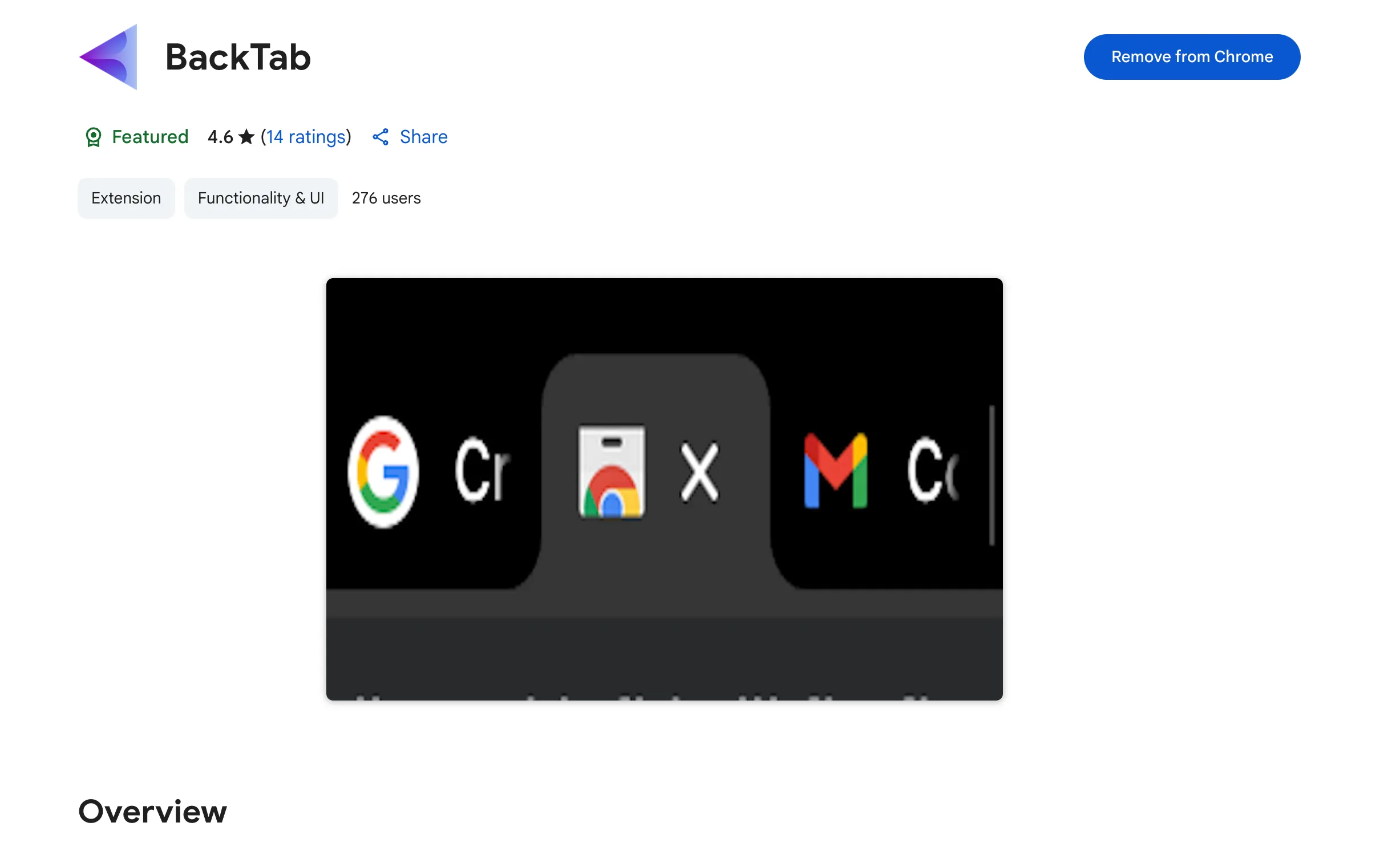 The BackTab Chrome extension. It displays a sleek, dark-themed interface with a list of recently visited tabs, each showing the favicon and title of the page. A search bar is prominently featured at the top, allowing users to quickly filter through their browsing history. The overall design is clean and intuitive, emphasizing ease of use and efficient navigation.