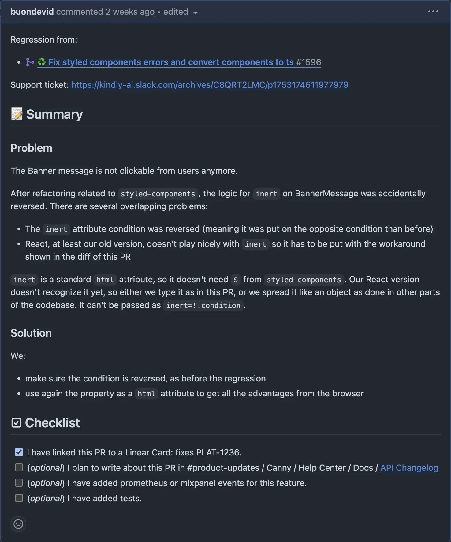 A GitHub pull request that fixes a bug in the Kindly chat banner message.