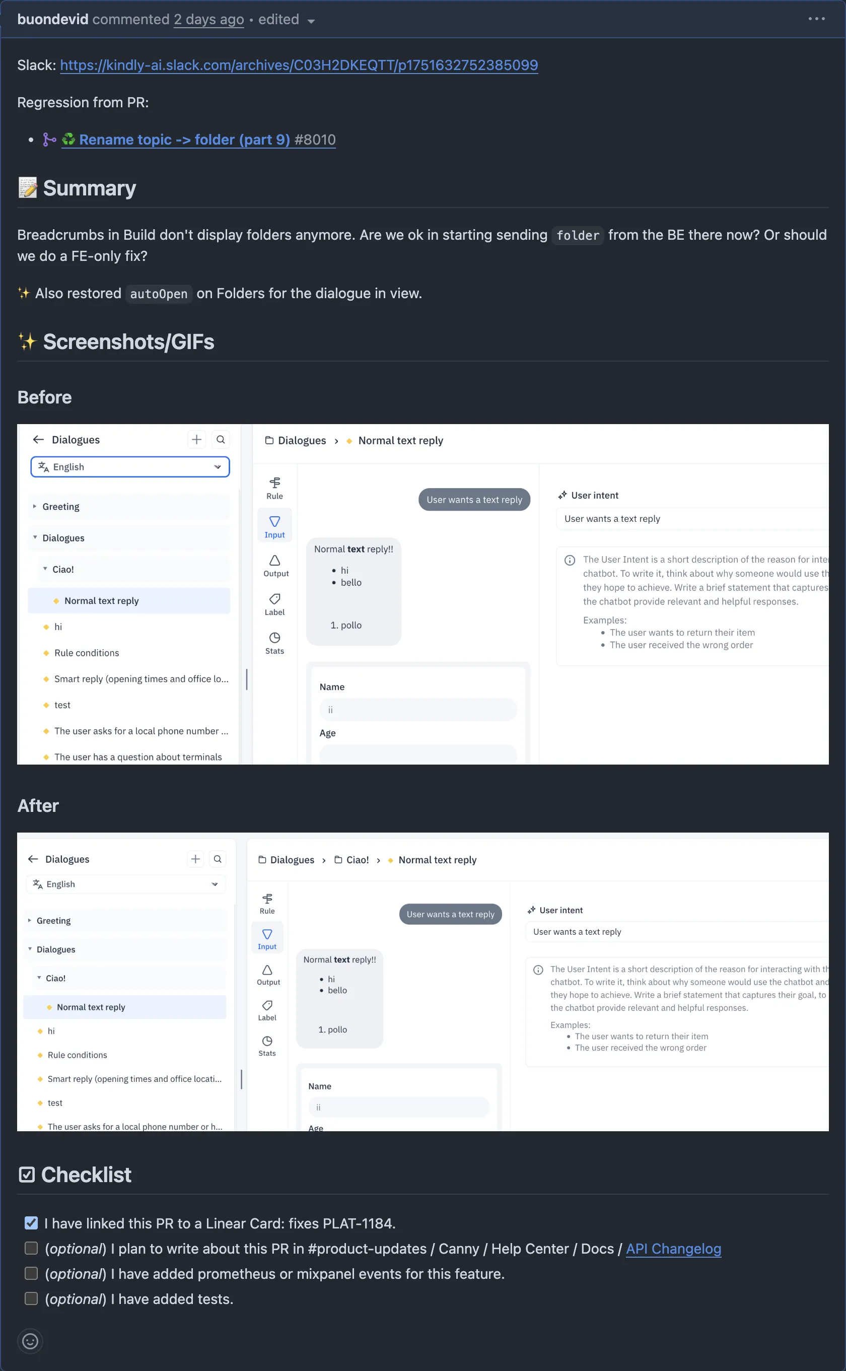 Example of a well-crafted PR description. A GitHub pull request addressing a bug in the breadcrumbs component. The description clearly outlines the issue, the steps to reproduce it, and the proposed solution. It also includes a before-and-after comparison to visually demonstrate the fix. The PR is thorough and well-documented, making it easy for the team to review and approve the changes.