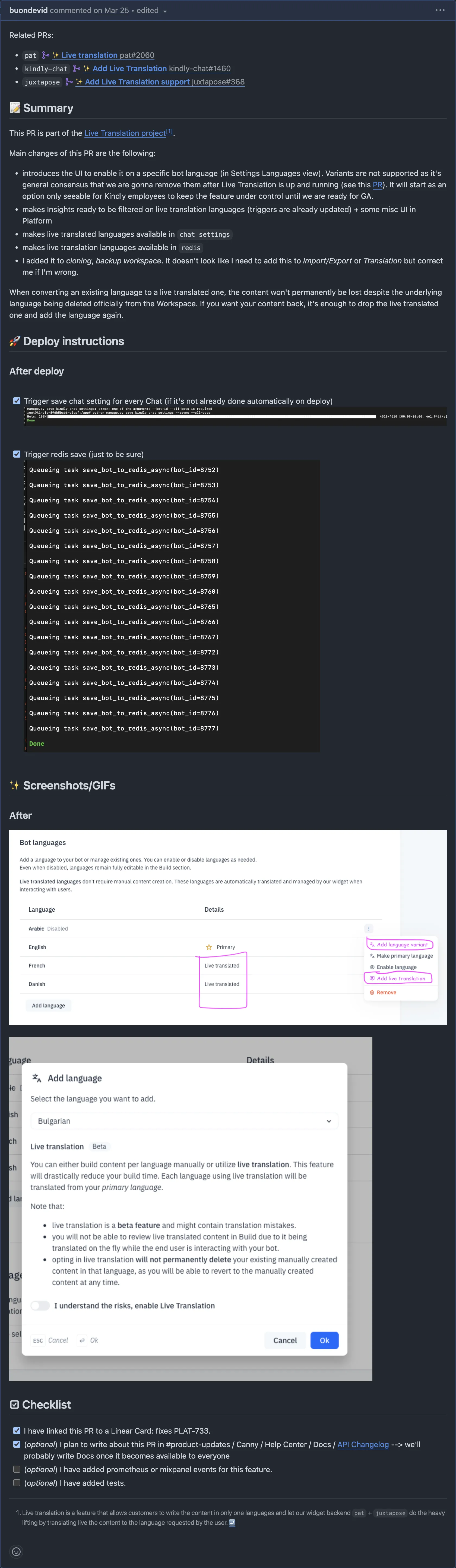 Example of a well-crafted PR description. A GitHub pull request with a clear and concise title, a detailed description of the changes, and a checklist of tasks to be completed. The description includes a summary of the changes, the motivation behind them, and instructions for testing. The PR is well-organized and easy to follow, making it simple for reviewers to understand the proposed changes and provide feedback.