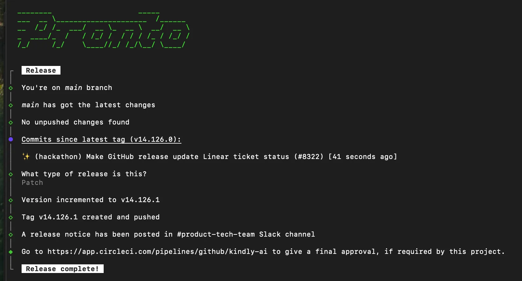 The Kindly Pronto CLI tool. The command-line interface is shown in action, with colorful, easy-to-read output. It displays a list of deployment options and status updates, highlighting the tool's user-friendly design. The clean layout and clear information hierarchy make it easy for developers to manage releases and deployments efficiently.