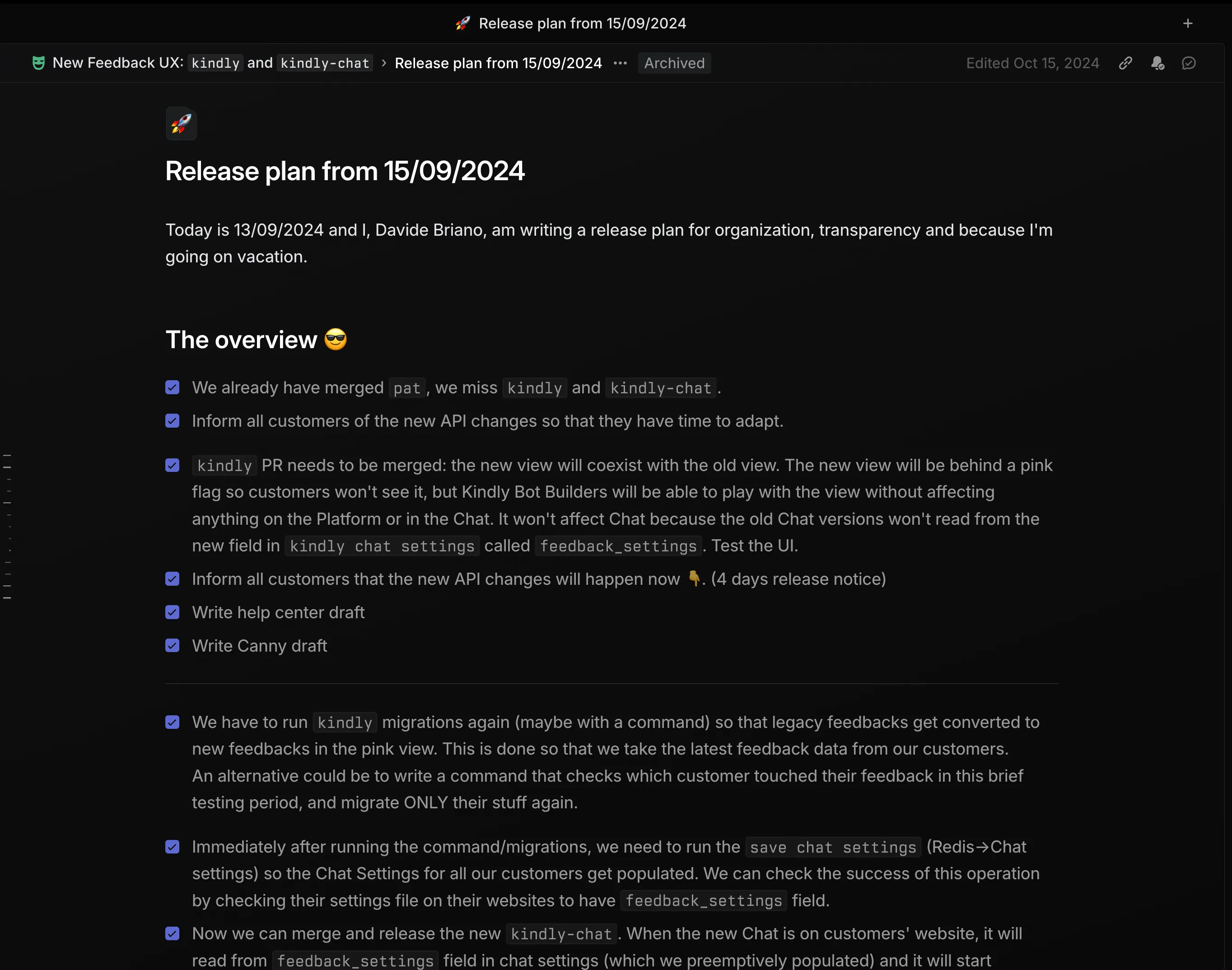 A detailed plan for releasing a product feature